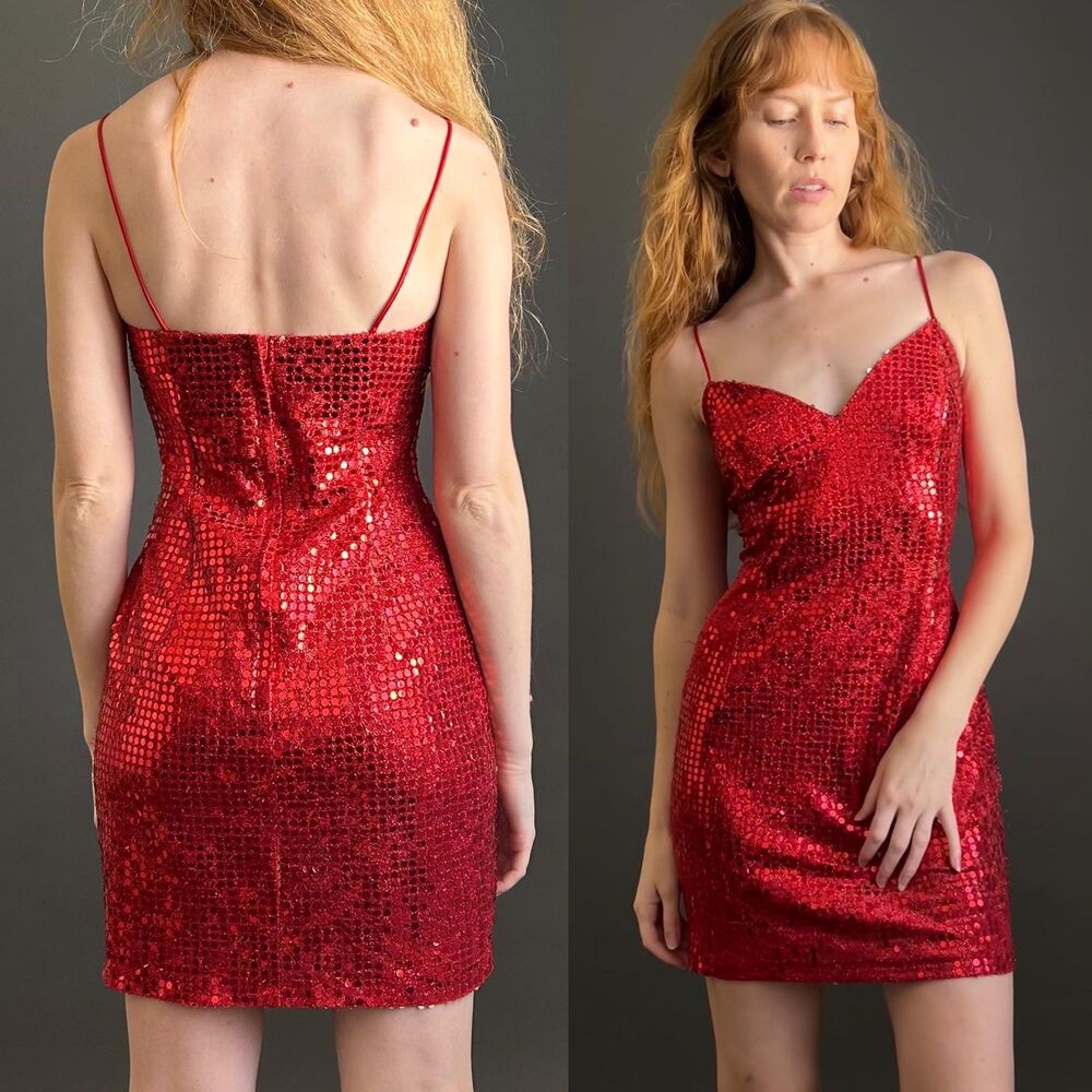 Vintage 1990s Red Sequined Mini Party Dress, Small Medium
